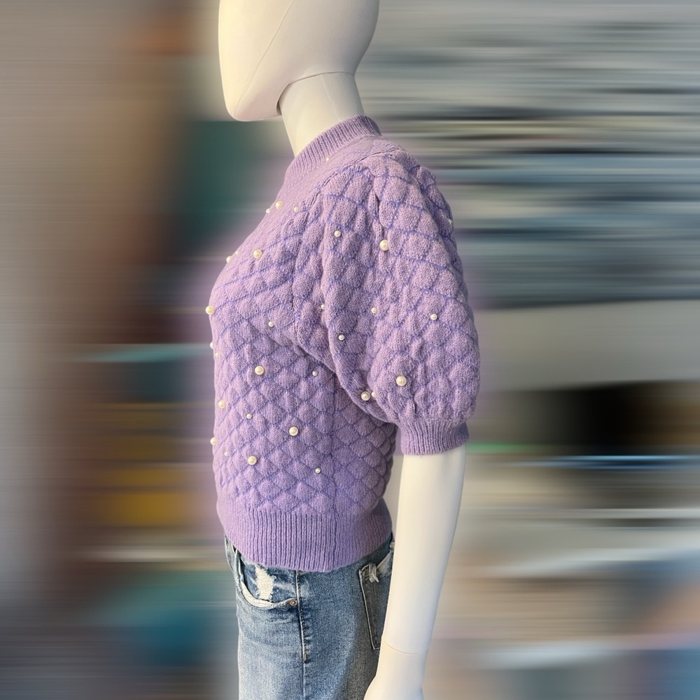 PEACH LOVE CALIFORNIA Puff sleeve pearl knit top Sz S M L - Picture 8 of 9